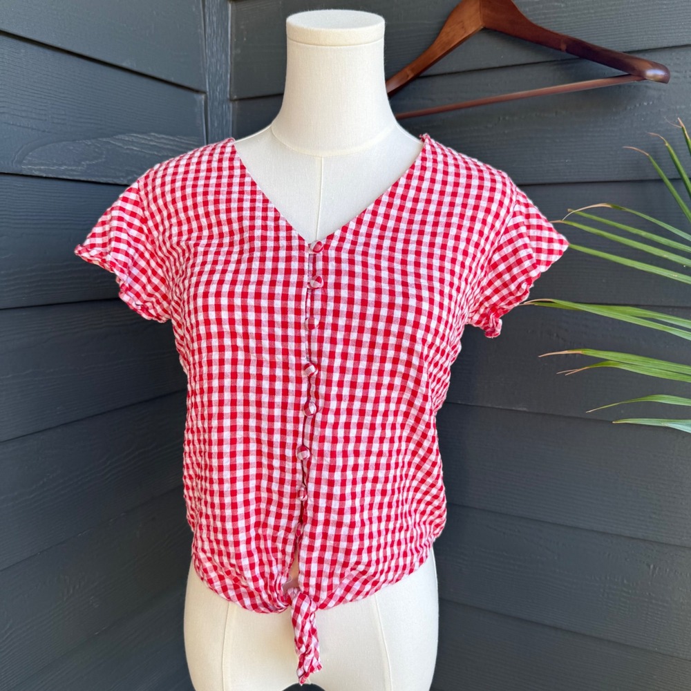 Sim &‎ Sam Red Gingham Cotton Tie Front Blouse Cottagecore Picnic Top M